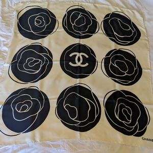 Authentic CHANEL Silk Square Camelia Scarf with box and tissue.